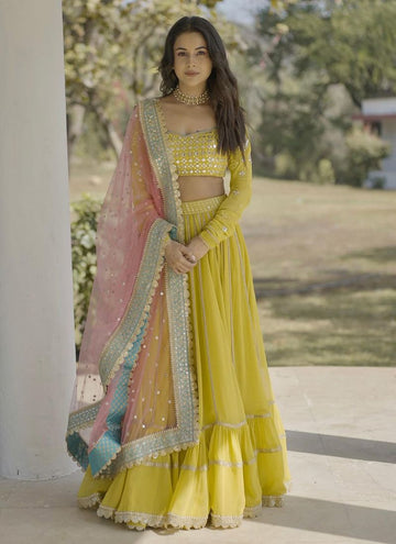 Stylist Georgette Yellow Ruffle Lehenga Choli For Haldi